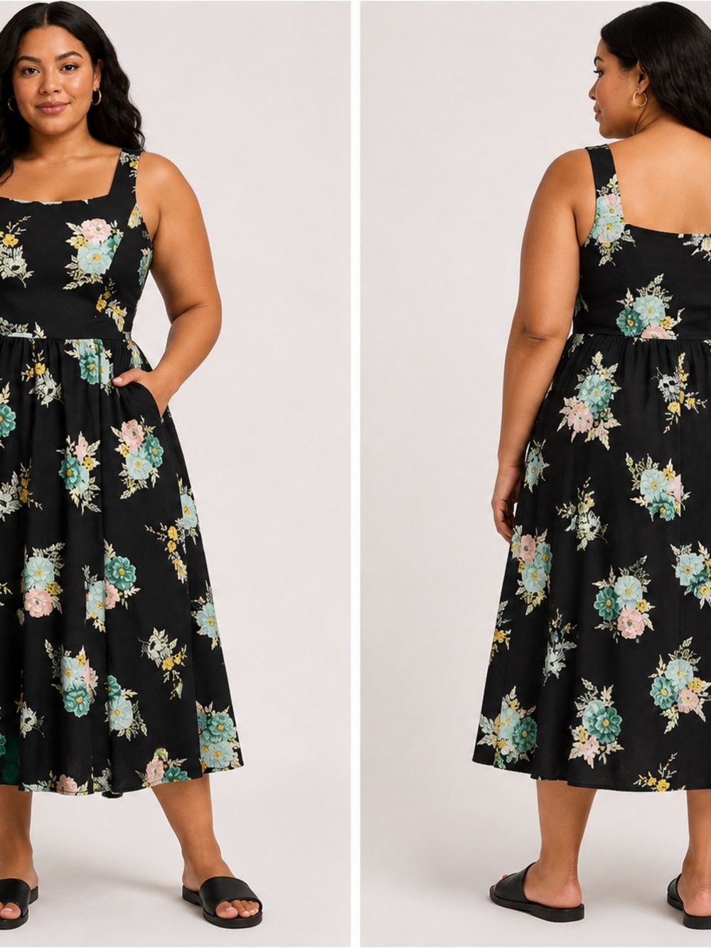 Torrid Black Floral Maxi Dress with Square Neckline